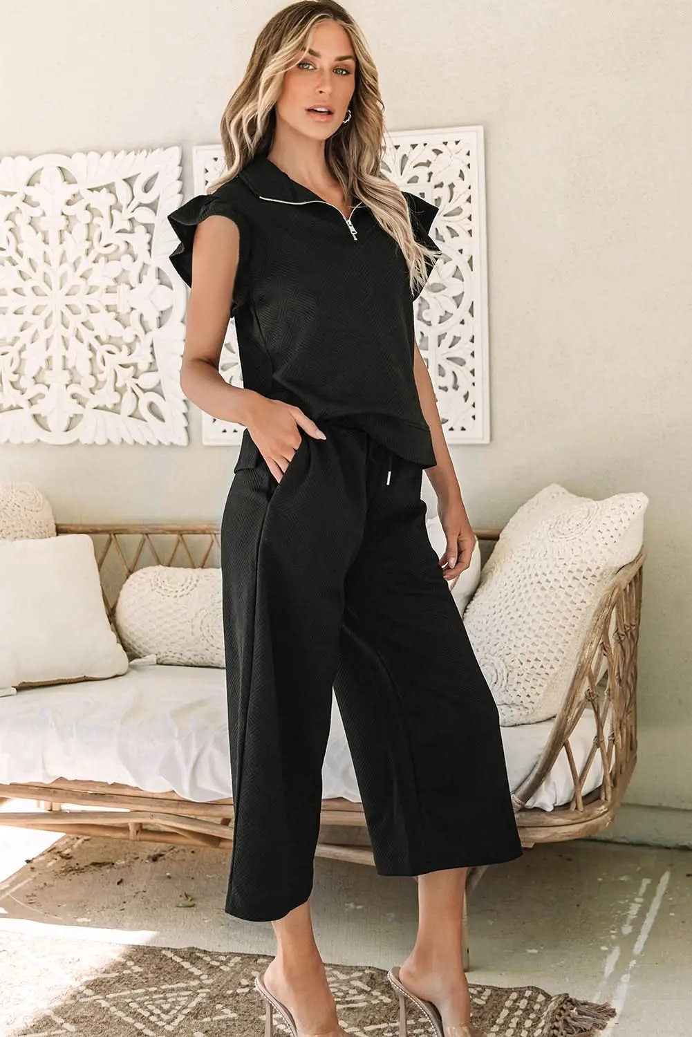 Black Textured Flutter Sleeve Top Wide Leg Pants Set - Love Salve